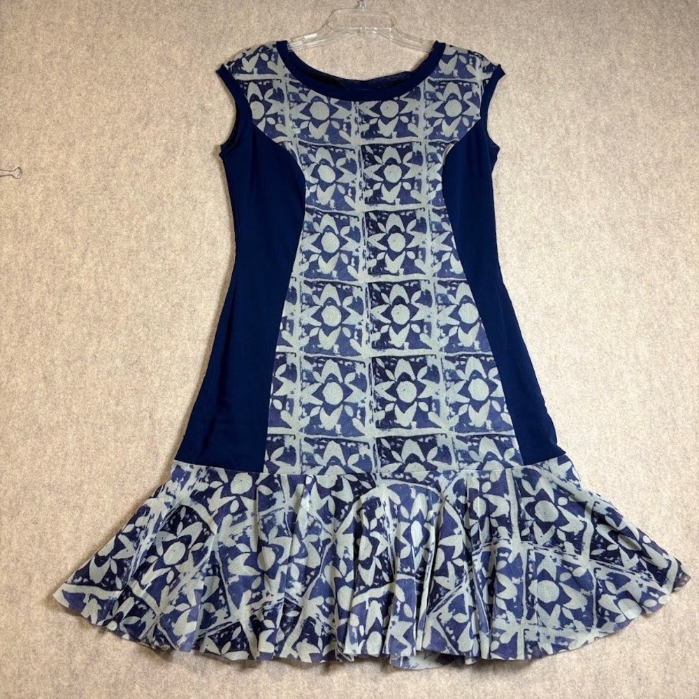 Elana Kattan Dress Womens L Blue Polyamide Drop Waist Mesh Ruffle Coastal Chic